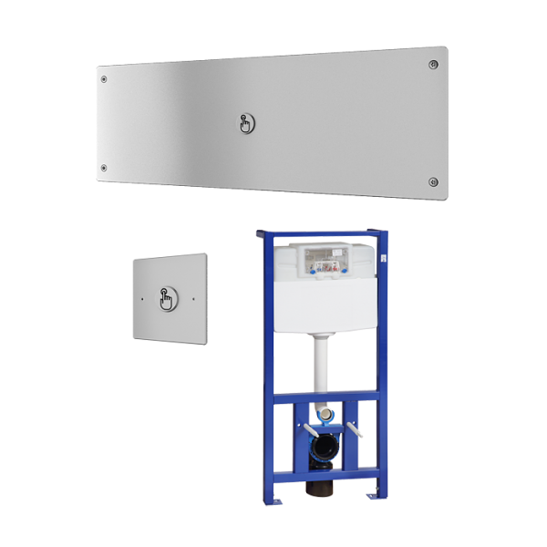 Piezo splachovač WC s druhým tlačítkom pre oddialené spláchnutie pre telesne postihnutých so špeciálnym antivandalovým krytom, vrátane montážneho rámu s nádržkou SLR 21, 24 V DC