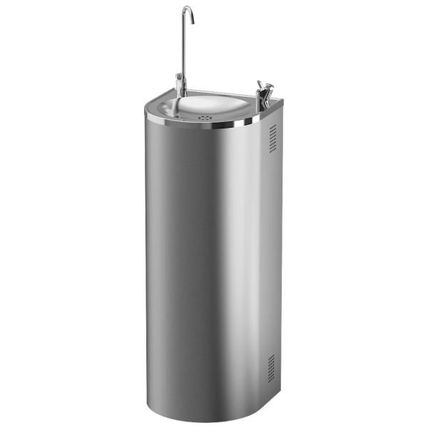 Nerezová pitná fontána určená k montáži k stene, s chladiacou jednotkou, s tlačnou armatúrou pre napúšťanie pohárov, s tlačnou pitnou armatúrou