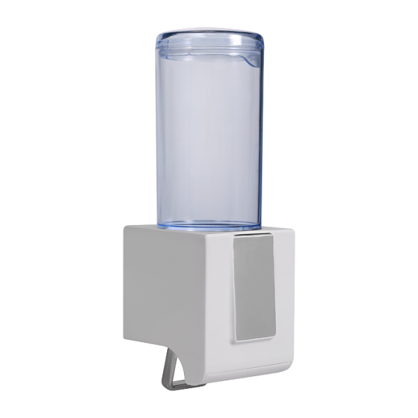 Dávkovač tekutého mydla a gélovej dezinfekcie s dávkovacím ventilom, objem 0,5l, materiál biely a transparentný plast ABS