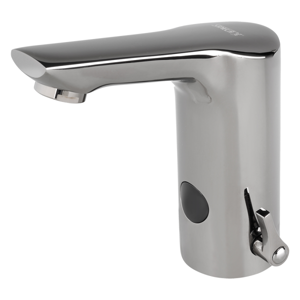 Automatická stojanková batéria s reguláciou, úzky výtok, dve vody, metal grey, 6 V